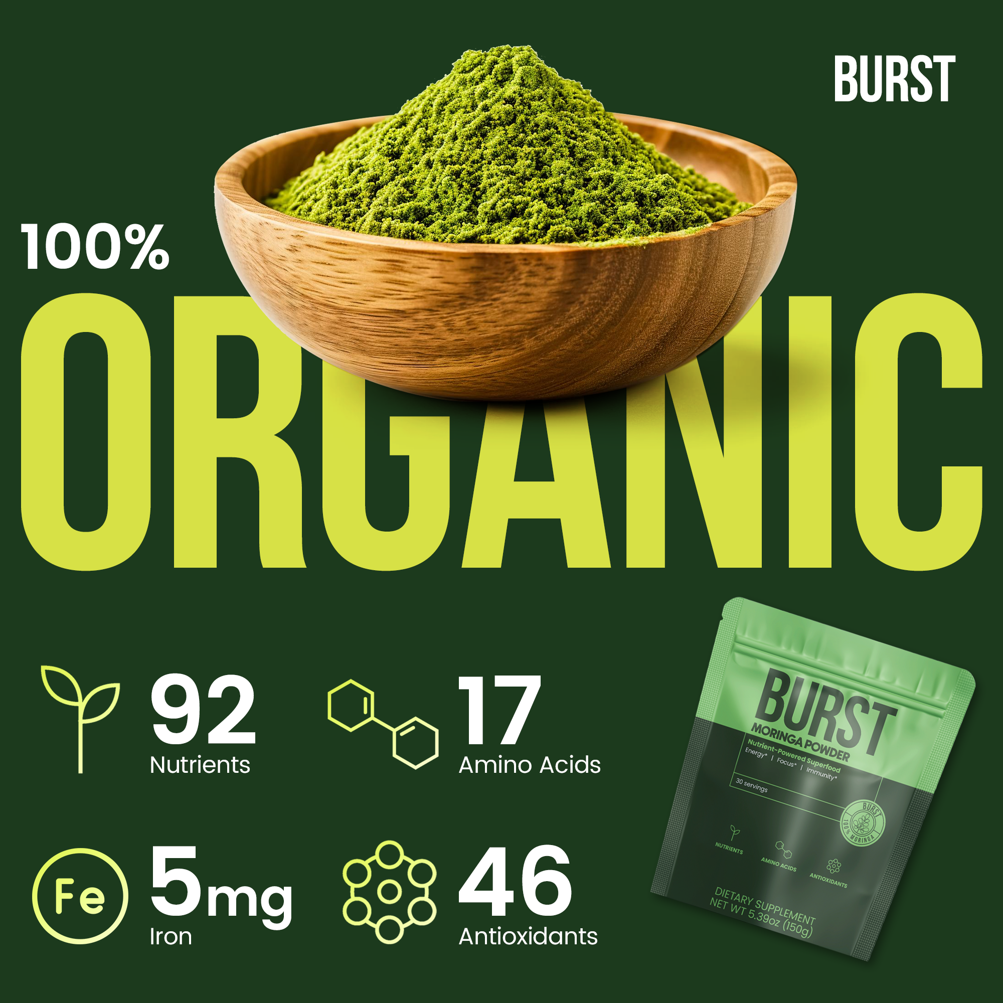 100% Pure Moringa Powder for Energy, Hormonal Balance & Skin
